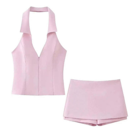 Zip-front Lapel-neck Short Vest And Shorts Set