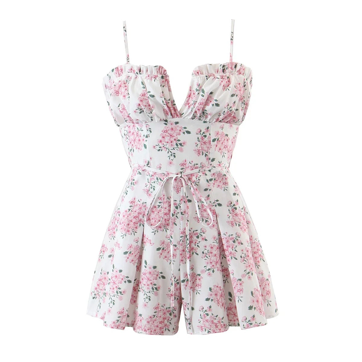 Slim-fit Pink Flower Suspender Jumpsuit Women