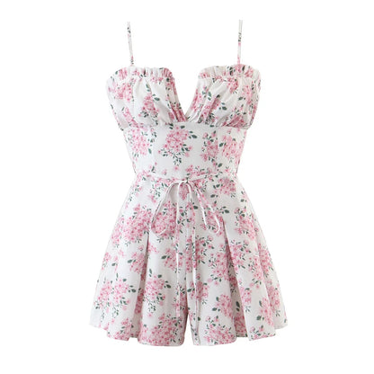 Slim-fit Pink Flower Suspender Jumpsuit Women