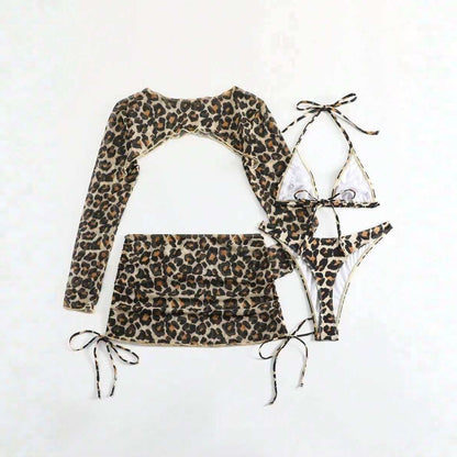 European And American Leopard-Print Lace-Up Sexy Two-Piece Four-Piece Swimsuit