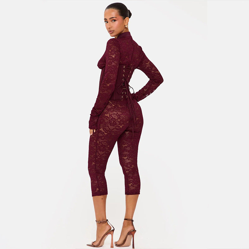 Fashionable Sexy Lace Hollow-Out Bodycon Jumpsuit Dress