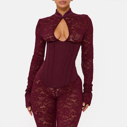 Fashionable Sexy Lace Hollow-Out Bodycon Jumpsuit Dress