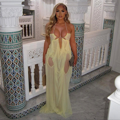 Mesh See-through Low-cut Halter Dress