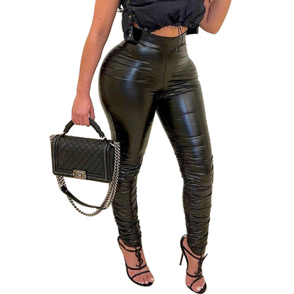 Skinny Pleated Pu Leather Pants Trousers