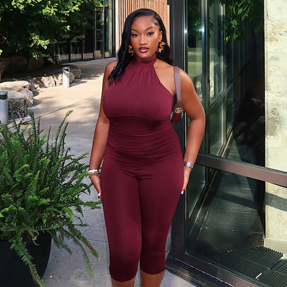 Solid-color Pleated Waist-cinching Capri Jumpsuit