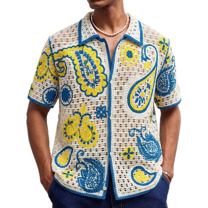Retro Ethnic-Style Crochet Hollow-Out Knitted Cardigan Men's Polo Shirt