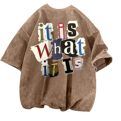 Mens Letter-Print Vintage Oversized T-Shirt