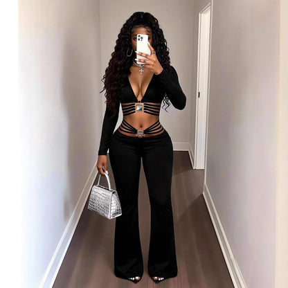 Black High-waist Flared Pants With Tummy-control And Butt-lifting Features