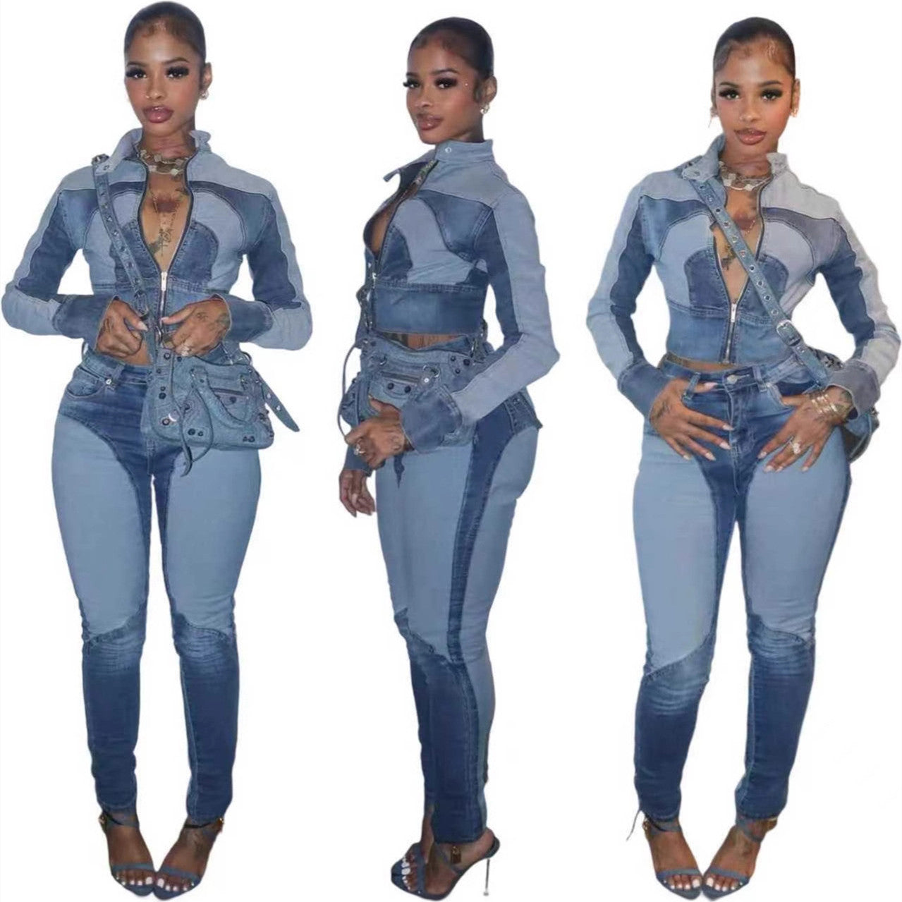 High Elastic Stitching Contrast Color Washed Denim Casual Suit Two-piece Set