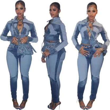 High Elastic Stitching Contrast Color Washed Denim Casual Suit Two-piece Set