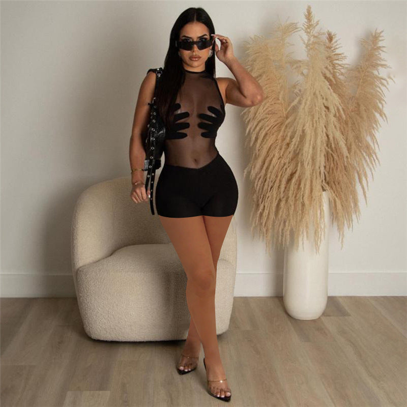 Mesh See-through Stitching High Waist Sleeveless Tight One-piece Shorts For Women
