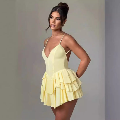 Elegant Ruffled Backless Dress Women