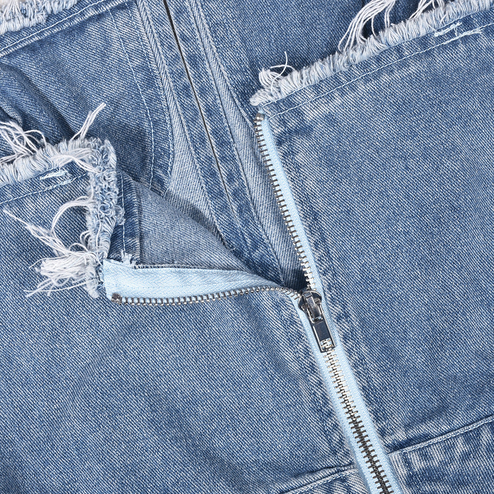 Hollow-out Ripped Zipper Short Chest Wrap Denim Jumpsuit Women