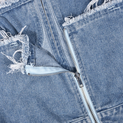 Hollow-out Ripped Zipper Short Chest Wrap Denim Jumpsuit Women
