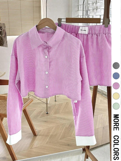 Womens New Color-Block Striped Long-Sleeve Set