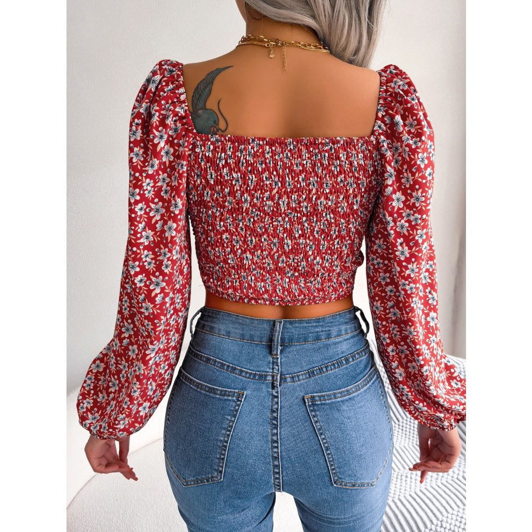 Women  Sexy Ruffle Trim Tie Floral Print Chiffon Crop Top