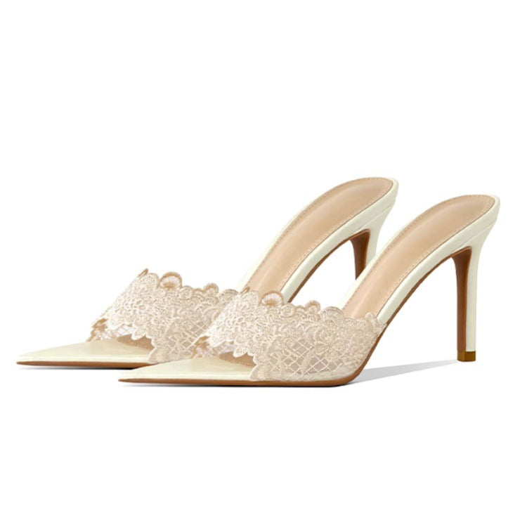 Pointed-toe Stiletto Heel Lace Slippers
