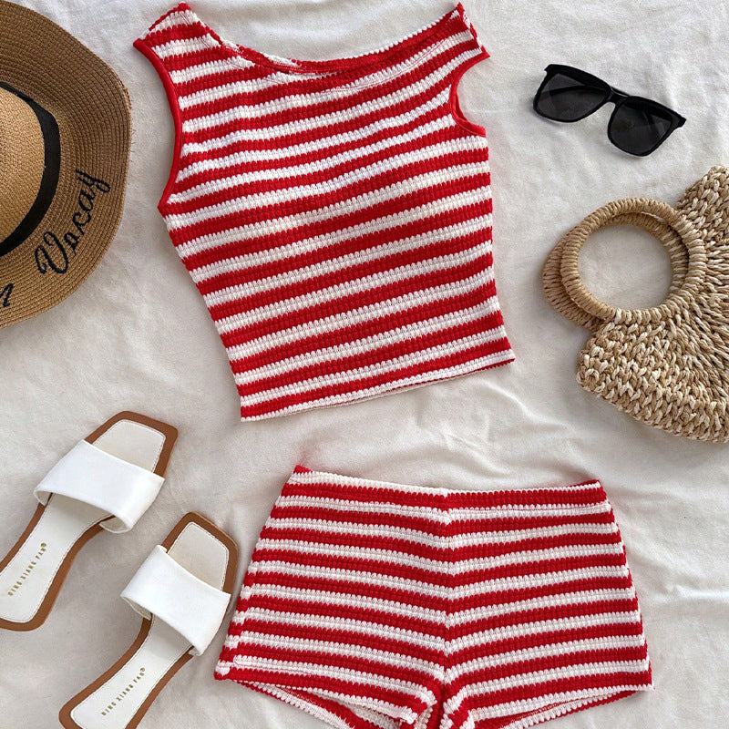 Vacation Style Striped Vest Hip-wrapped Short Suit
