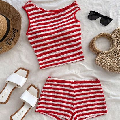 Vacation Style Striped Vest Hip-wrapped Short Suit