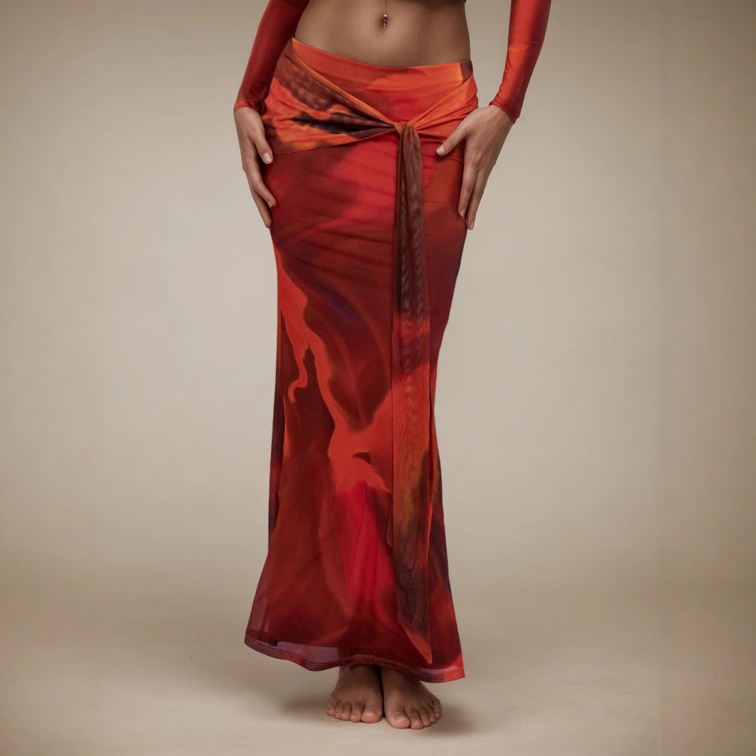 Retro Printed Slim-fit Long Skirt
