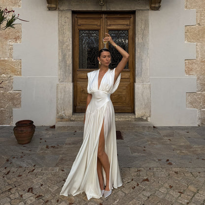 Womens V-neck Cinched-waist Slit Maxi Dress