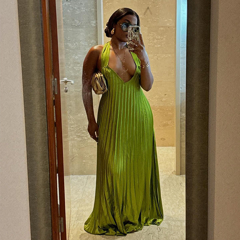 Sweet And Fresh Halter V-neck Backless Pleated Dress