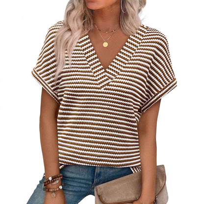 Summer V Neck Striped Loose Short Sleeve