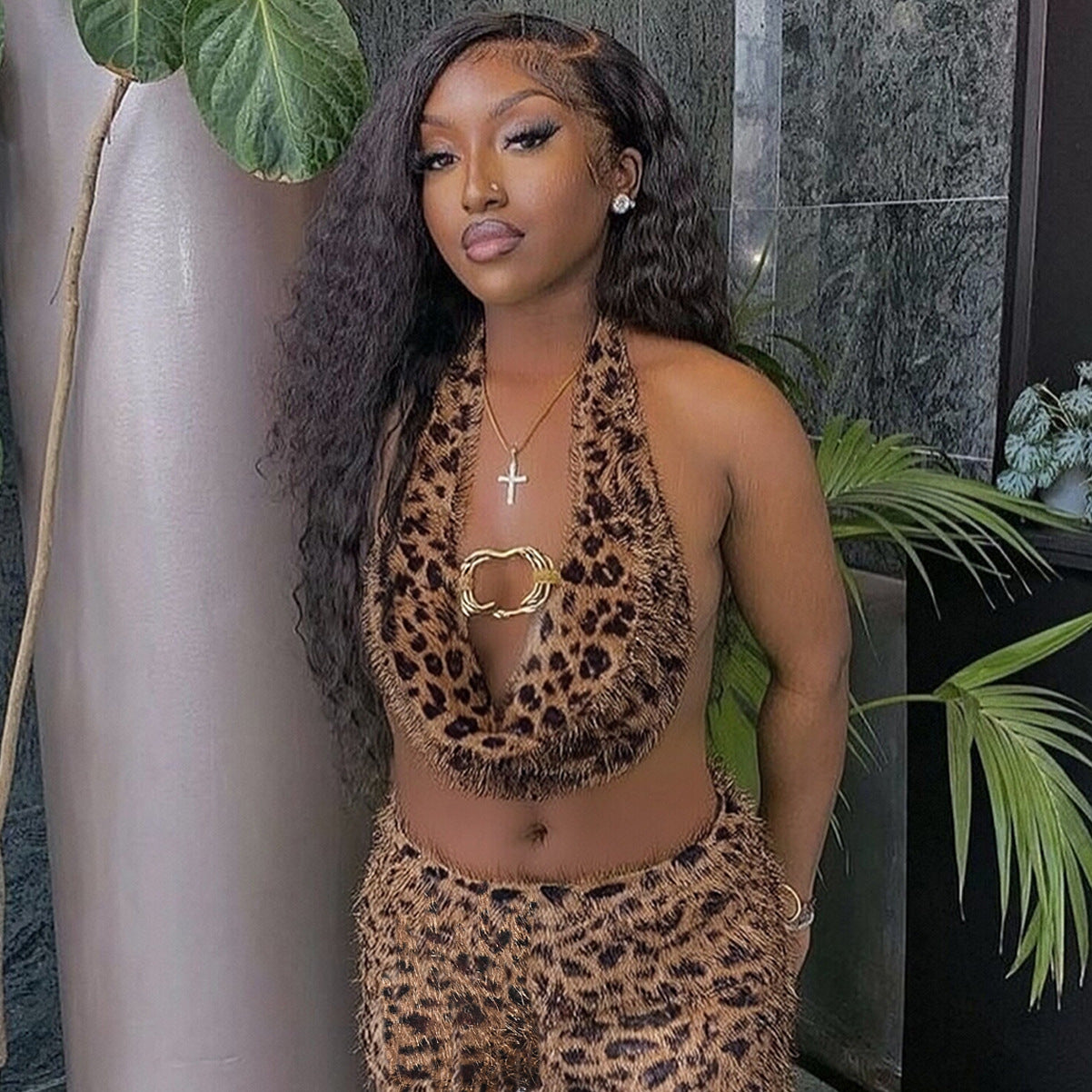 Personalized Trendy Backless Halter-Neck Strappy EuropeanAmerican Style Printed Set