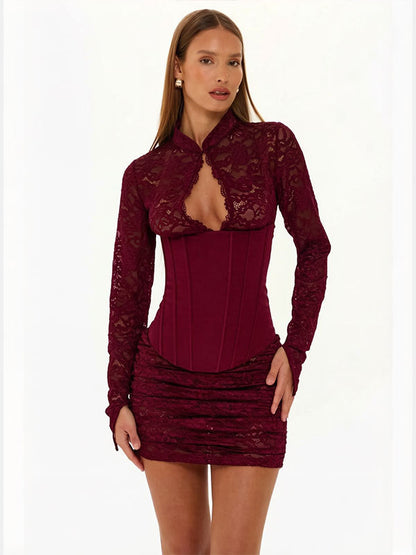 Fashionable Sexy Lace Hollow-Out Bodycon Jumpsuit Dress