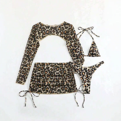 European And American Leopard-Print Lace-Up Sexy Two-Piece Four-Piece Swimsuit