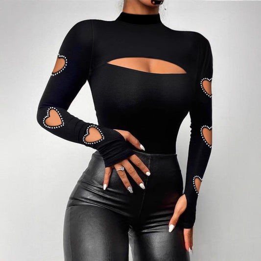 New Slim Fit Hollowed Heart Shape Long Sleeve Top Women's Clothing