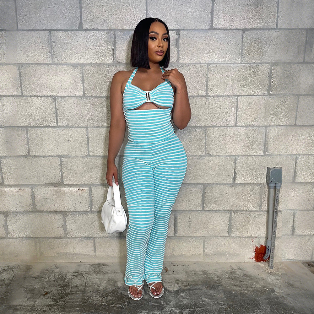 Outerwear Paired With Slim-fit Pencil Pants Two-piece Jacquard Striped Set