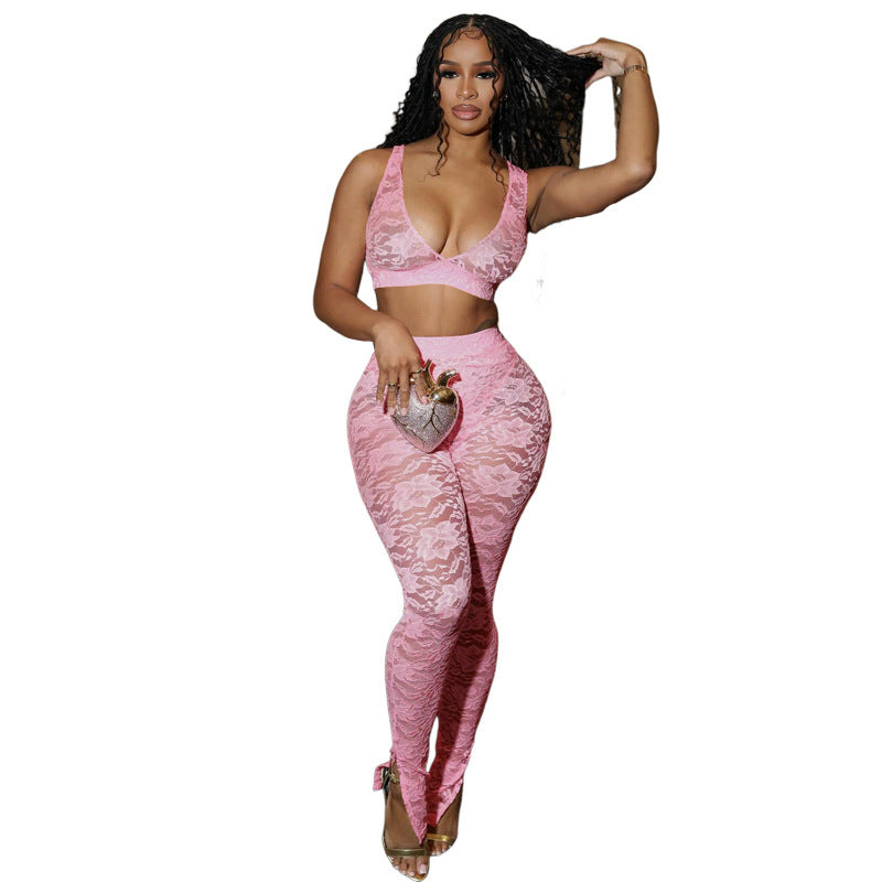 Spaghetti Straps Chest Wrap Stitching Lace Slim Fit Midriff-baring Trousers Suit