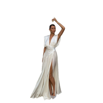 Womens V-neck Cinched-waist Slit Maxi Dress