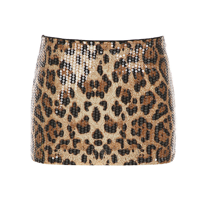 Women's Contrast Color Stretch Leopard Print Sequin Shiny Hip Skirt