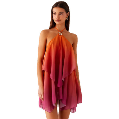 Mesh Gradient Color Halter Loose Dress
