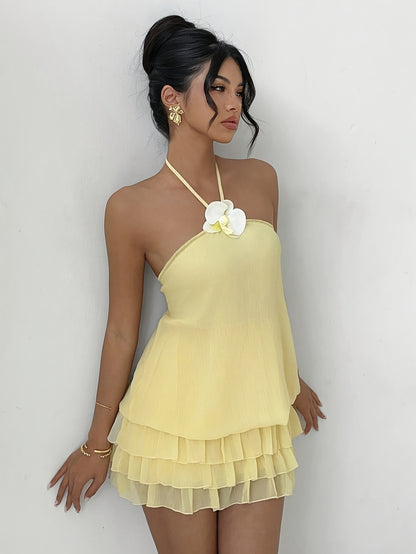 Women's Summer Fashion Elegant 3D Floral Decoration Sexy Low Waist Backless Ruffle Hem Mini Dress