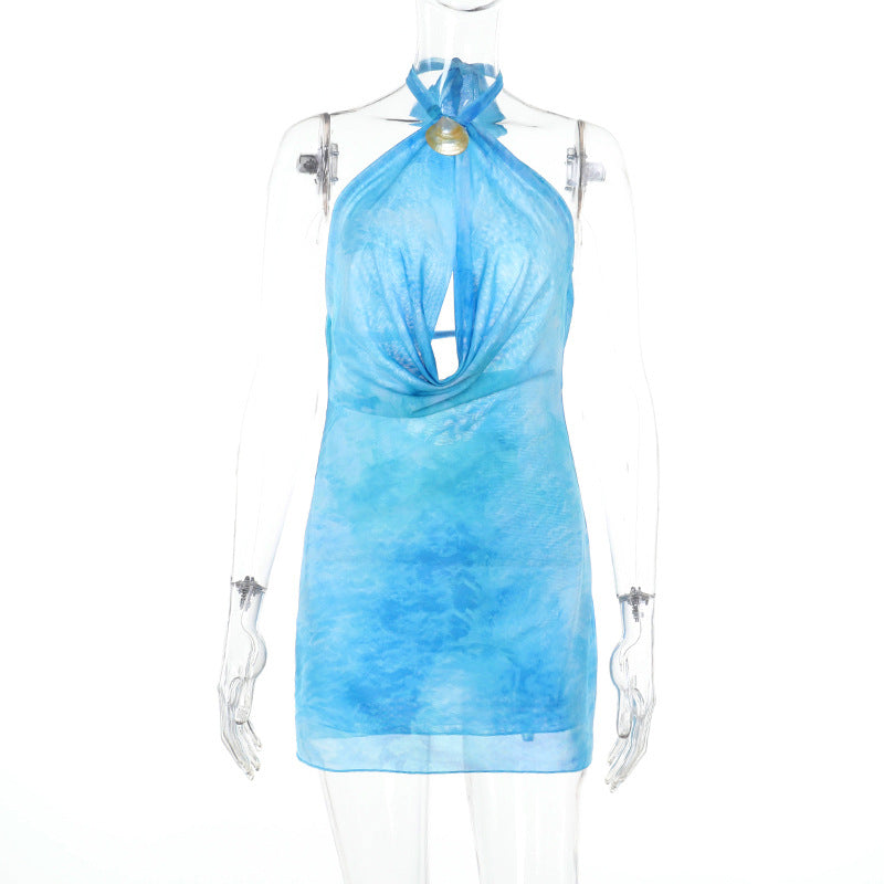 Halter Neck Hollow-out Vacation Mini Printed Dress
