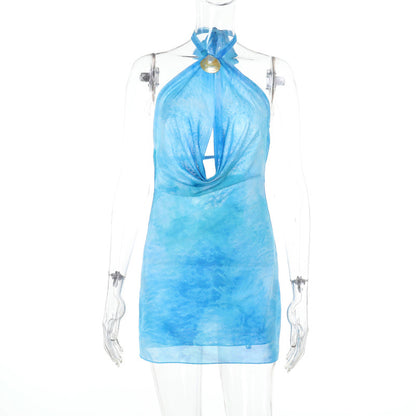 Halter Neck Hollow-out Vacation Mini Printed Dress