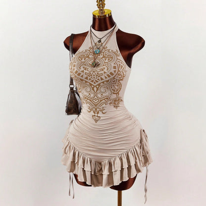 Printed Vacation-Ready Slim-Fit Multi-Layer Mini Dress For Women