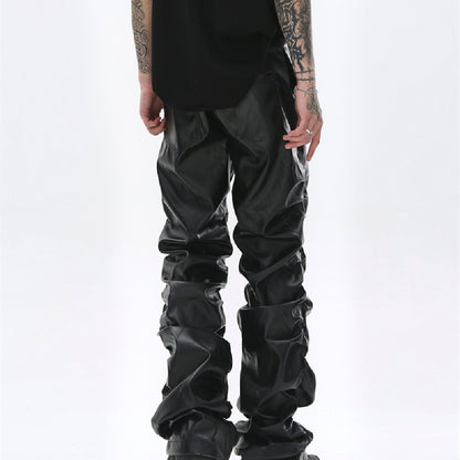 Black Pleated Casual Leather Pants
