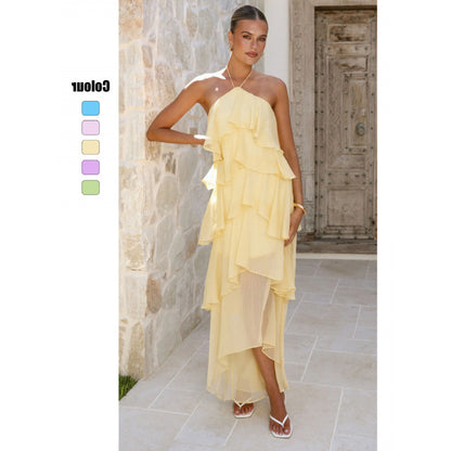 Solid-color Chiffon Tiered Dress With A Halter Neckline And Ruffled Hem