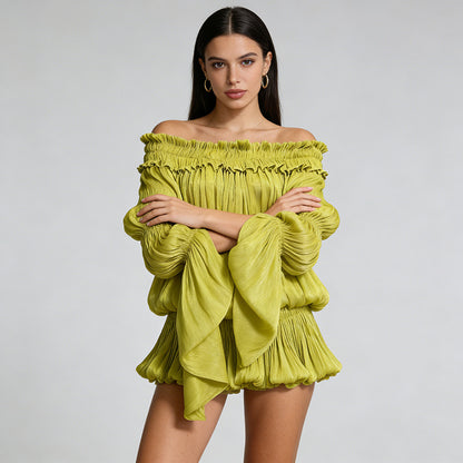 Elegant Off-the-shoulder Short Skirt With Fluttering Straps And A Tie-detail Design