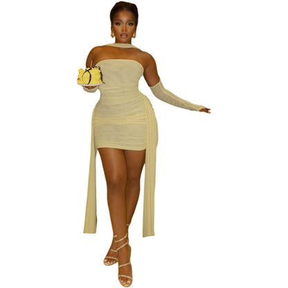 Women's Halter Neck Ruffle Dress with Scarf