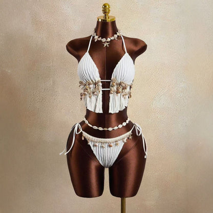 Sexy Halter Split Pleated Cutout Lace-up Bikini Swimsuit
