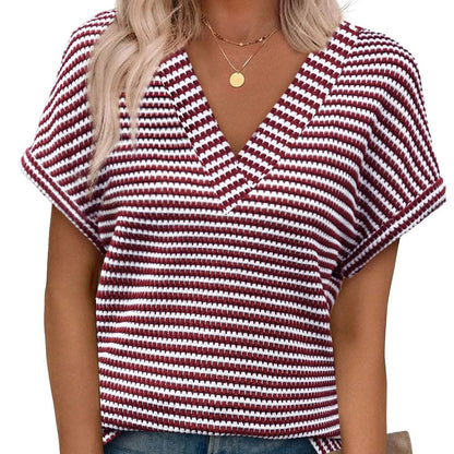 Summer V Neck Striped Loose Short Sleeve