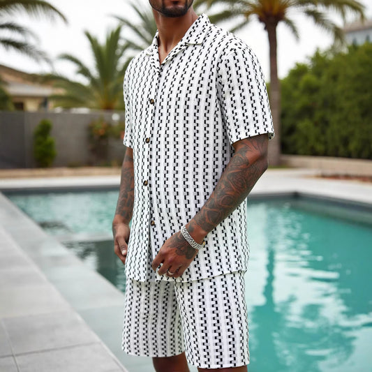Mens Casual Striped Single-Breasted Shirt And Shorts Set