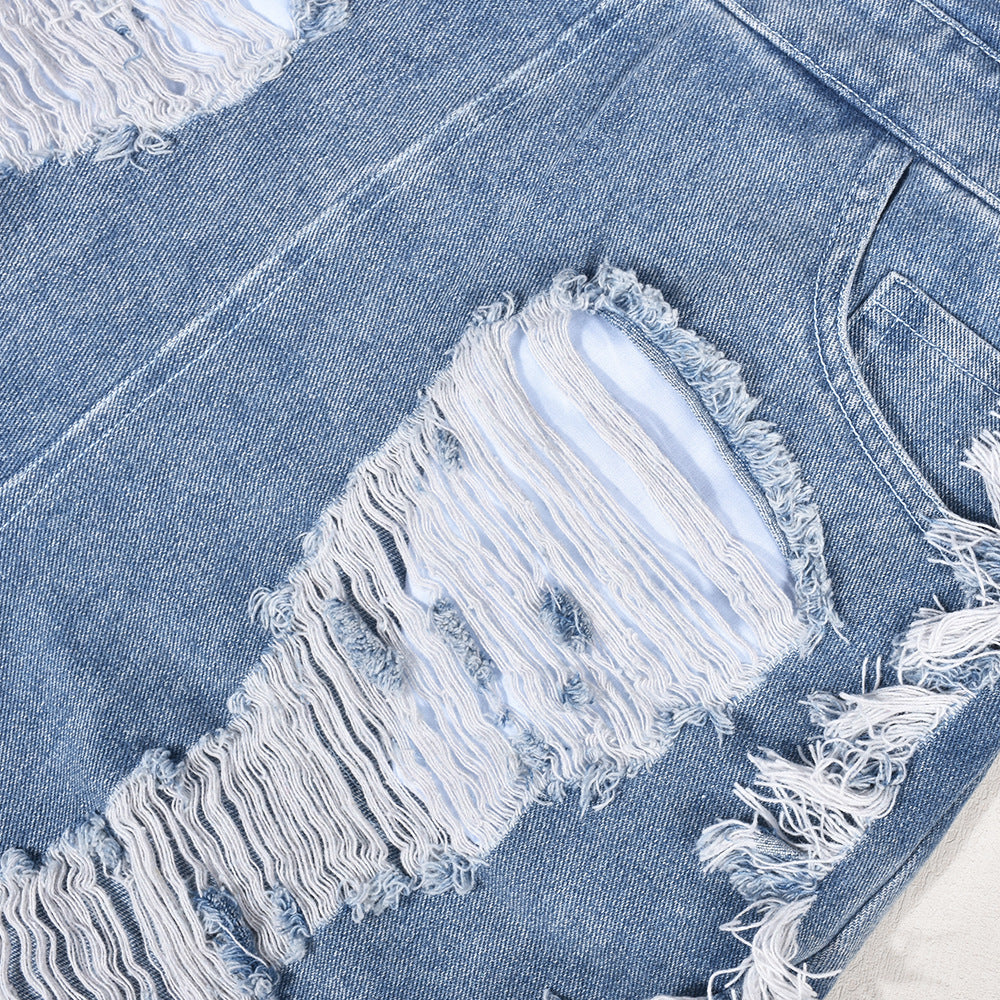 Hollow-out Ripped Zipper Short Chest Wrap Denim Jumpsuit Women