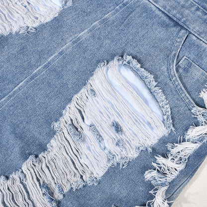 Hollow-out Ripped Zipper Short Chest Wrap Denim Jumpsuit Women
