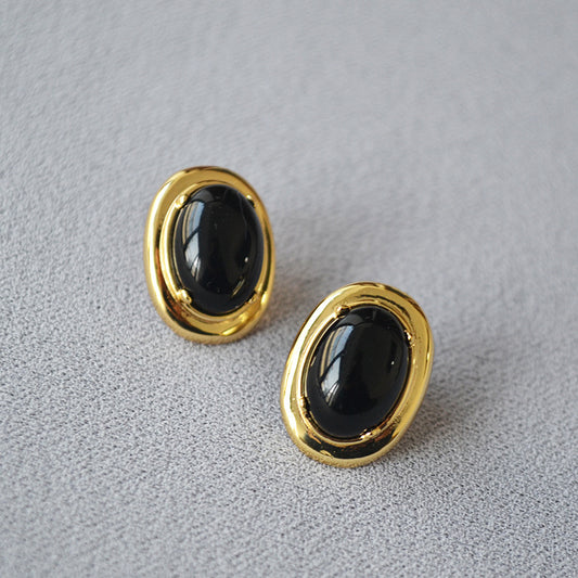 Luxury Gold-plated Oval Black Onyx Inlaid Earrings
